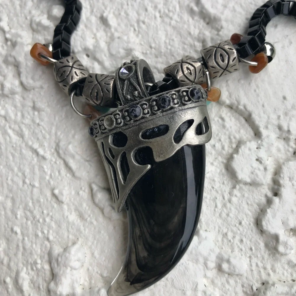 Chico's Black Bead Necklace with Silver-Tone Pendant and Brown Accent Beads